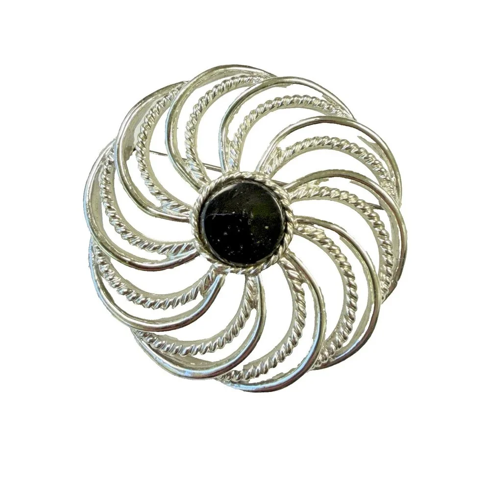 Vintage 1960 Sara Coventry Mystic Swirl Brooch Silver Tone Black Stone Pinwheel